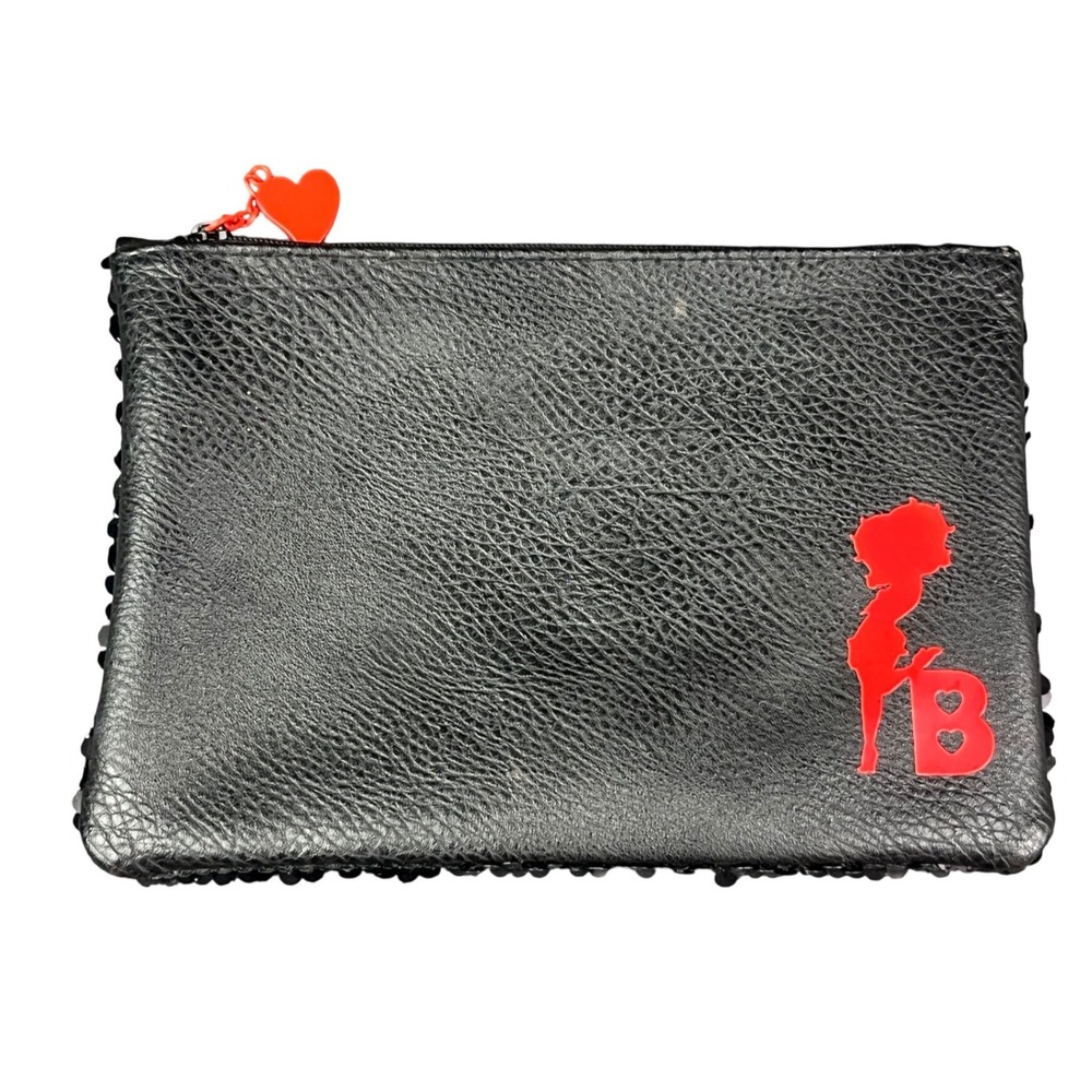 Betty Boop x Ipsy Black Sequin Faux Leather Makeup Bag Heart Zipper Pull
